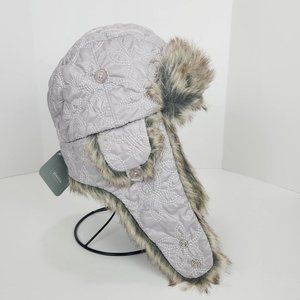 NWT Pistil Trapper Bomber Hat Satin Lined Embroidered Faux Fur Trim OS